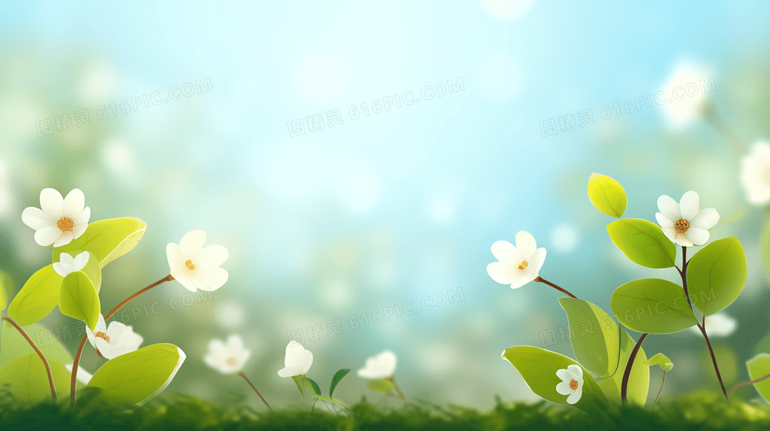 春天草地里盛开的白色小野花插画