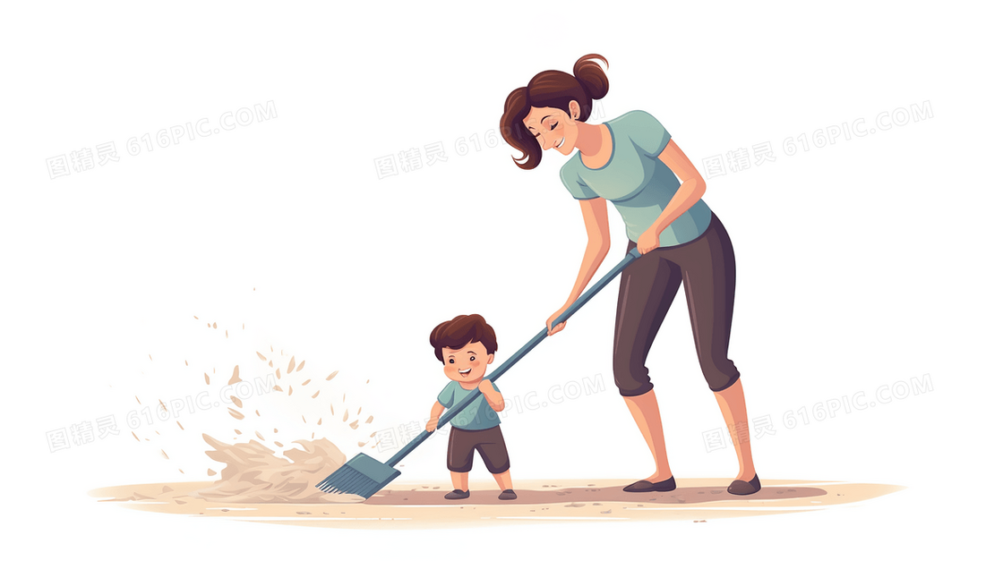 带着孩子在扫地的母亲插画