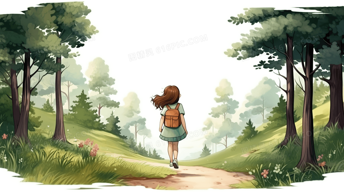 春天漫步在树林间的女孩风景插画