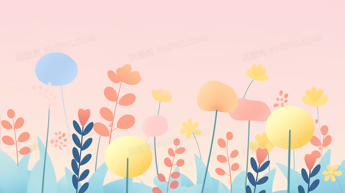 春天山野草地上盛开的鲜花插画