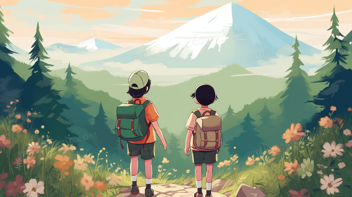 在户外山地徒步的男孩风景插画