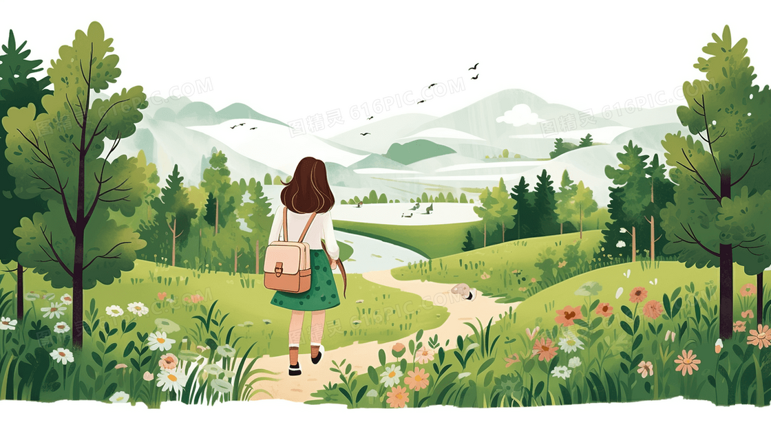 春天漫步在树林间的女孩风景插画