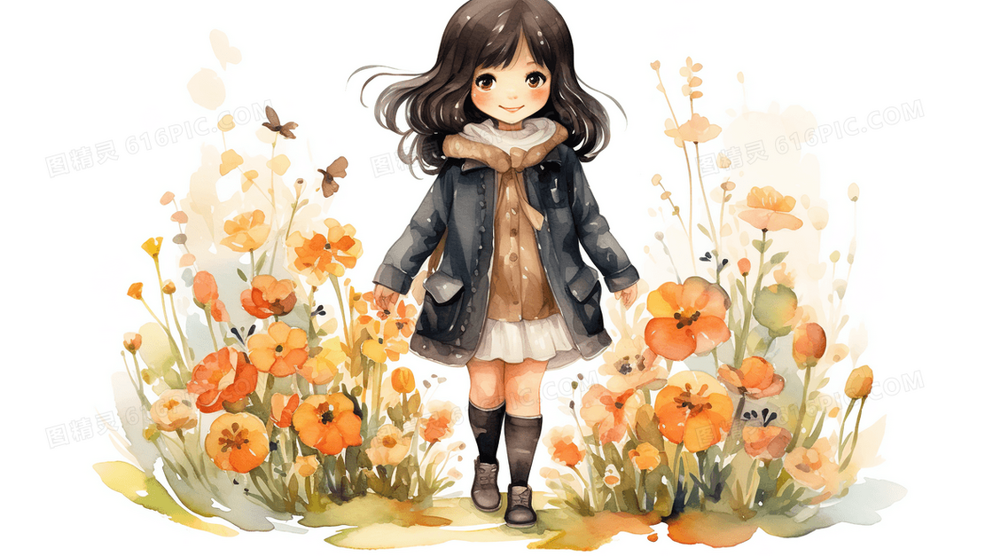 春天花丛中的小女孩插画