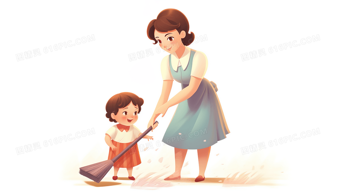 带着孩子在扫地的母亲插画