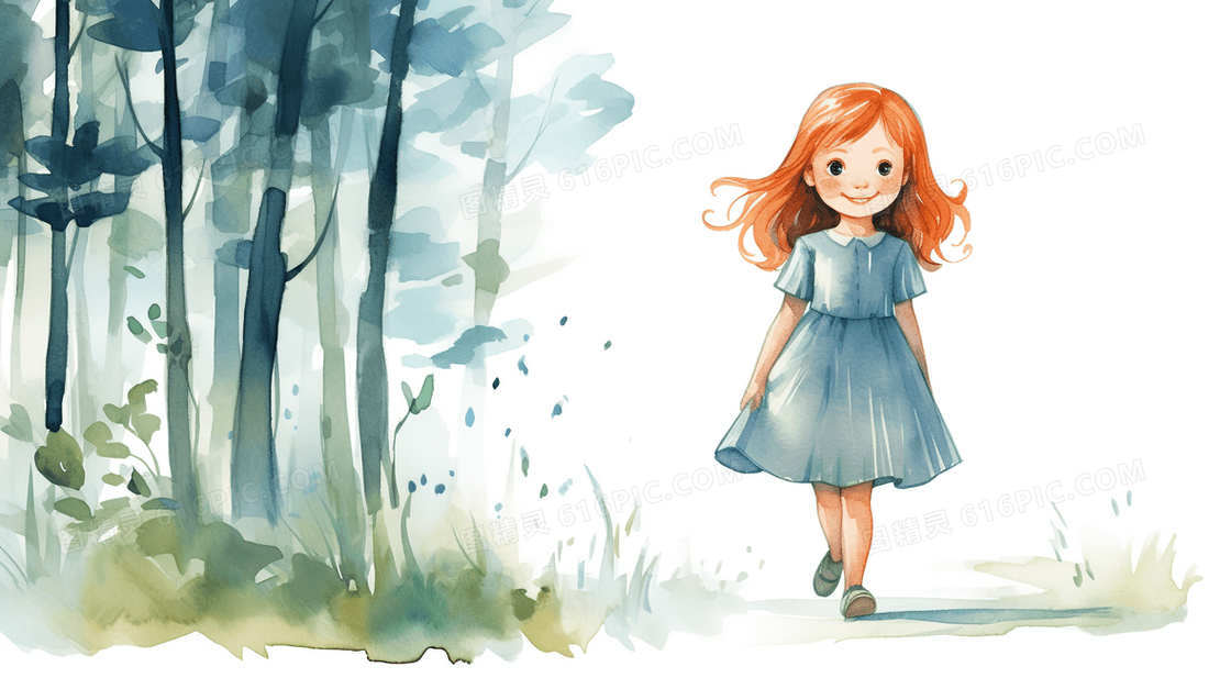绿色树林里玩耍的小女孩插画