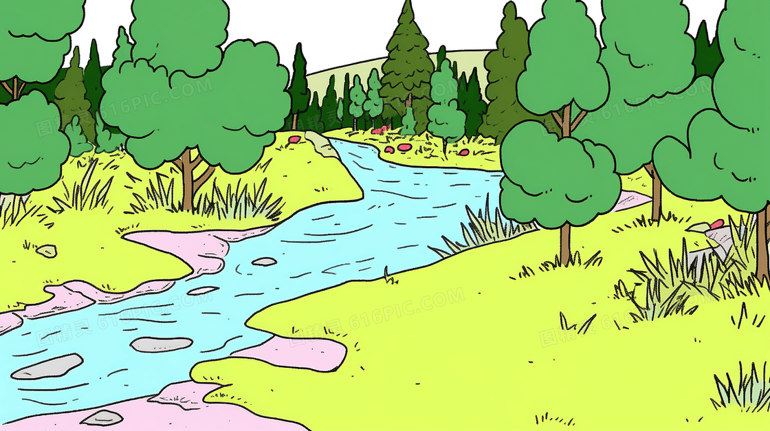 春天绿色穿过草地的小河风景插画
