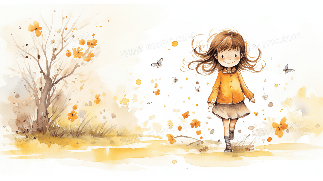 春天里黄色花朵和小女孩插画