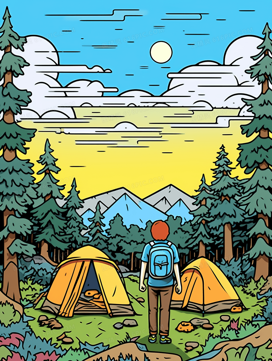 春天在山地树林间漫步的人风景插画