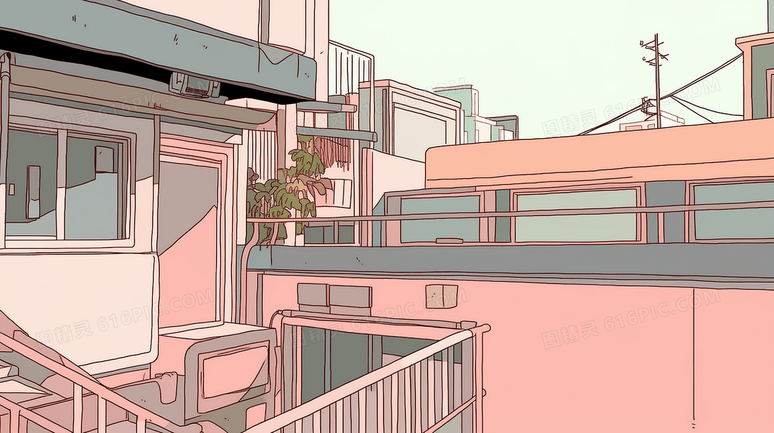 粉色楼梯过道城市建筑简约插画