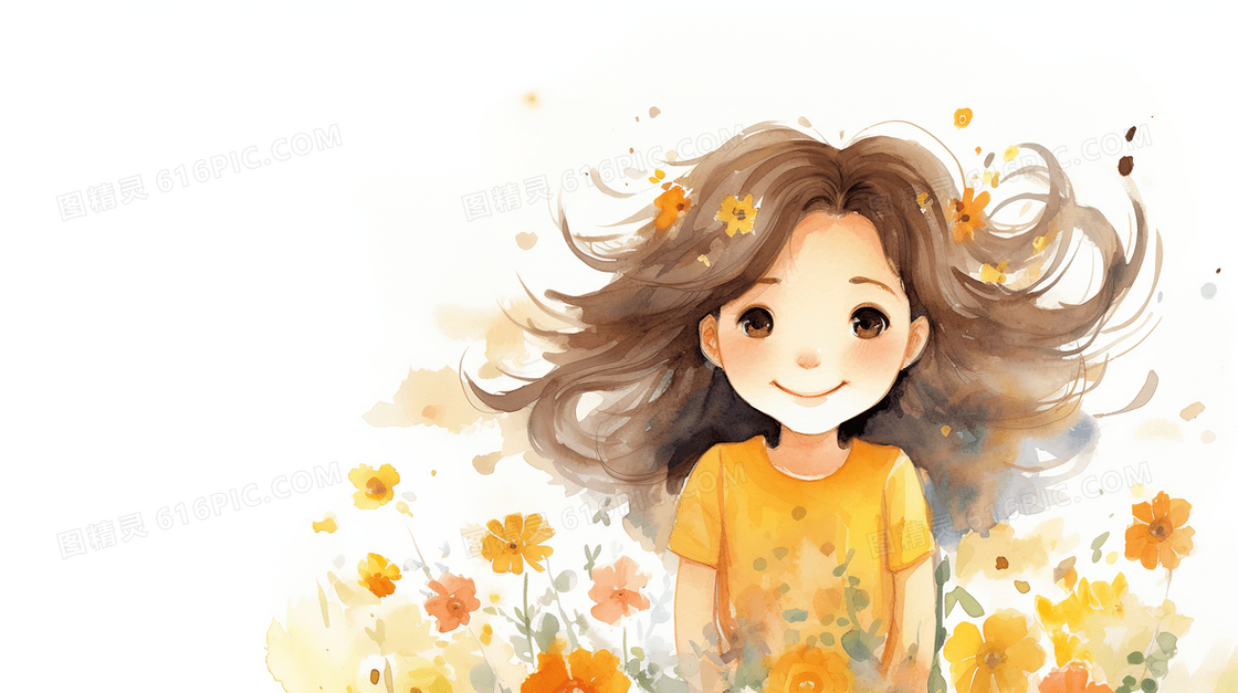 春天里黄色花朵和小女孩插画