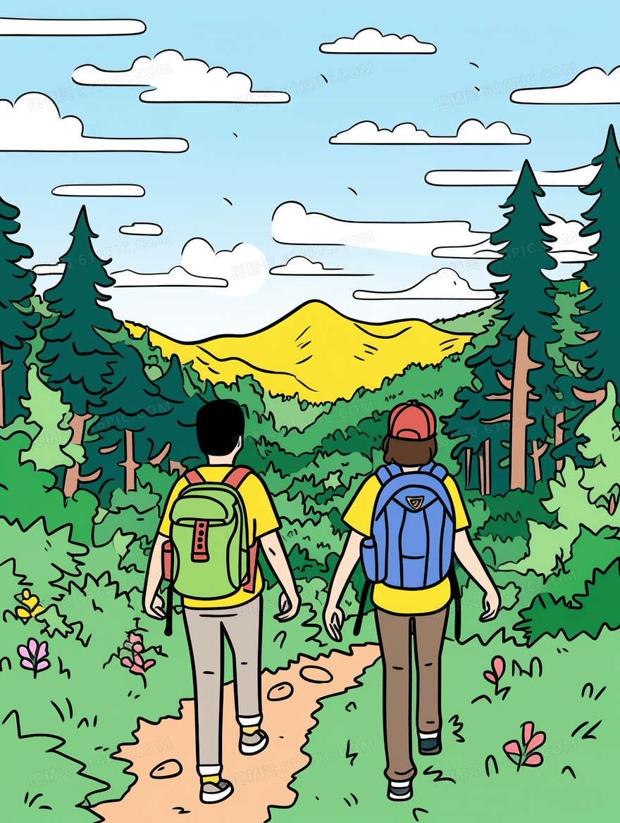 春天在山地树林间漫步的人风景插画