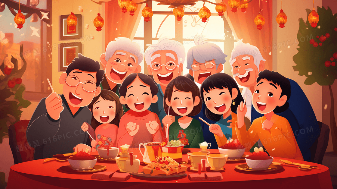 春节家人们团聚吃年夜饭插画