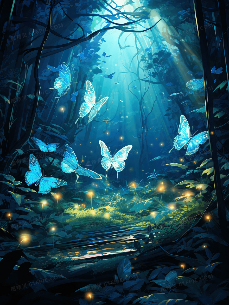 蓝色星空森林夜景风景唯美插画