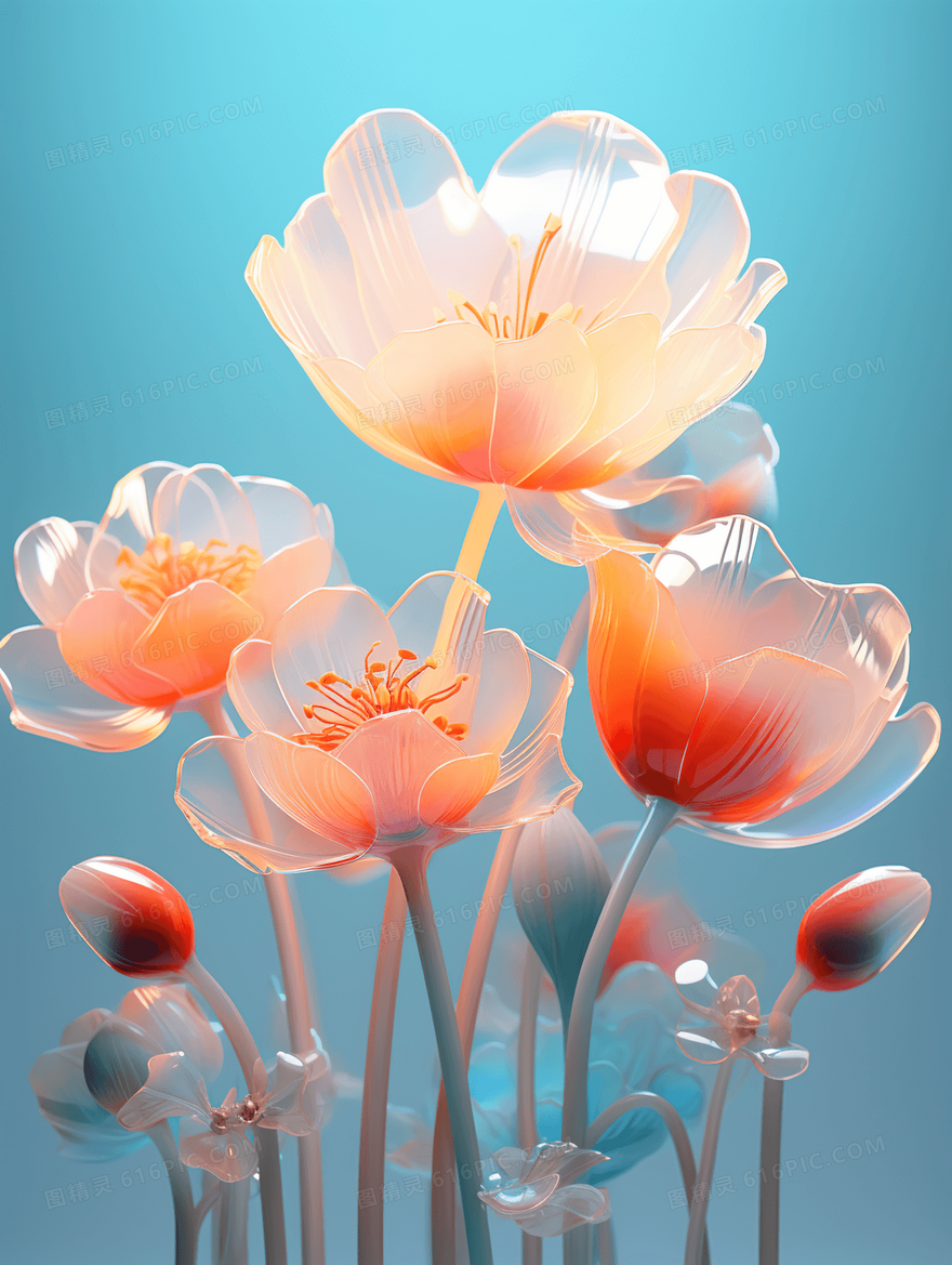 玻璃质感透明花朵唯美概念图插画