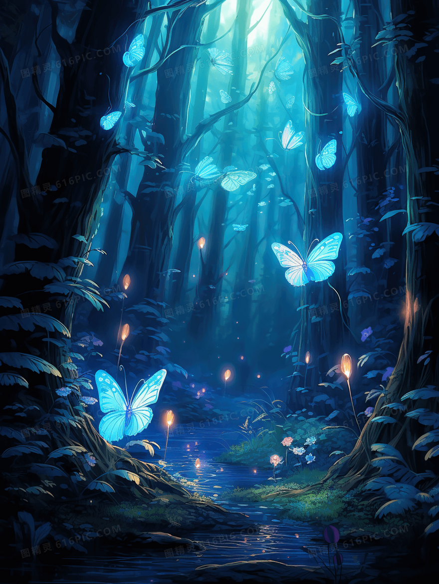 蓝色星空森林夜景风景唯美插画