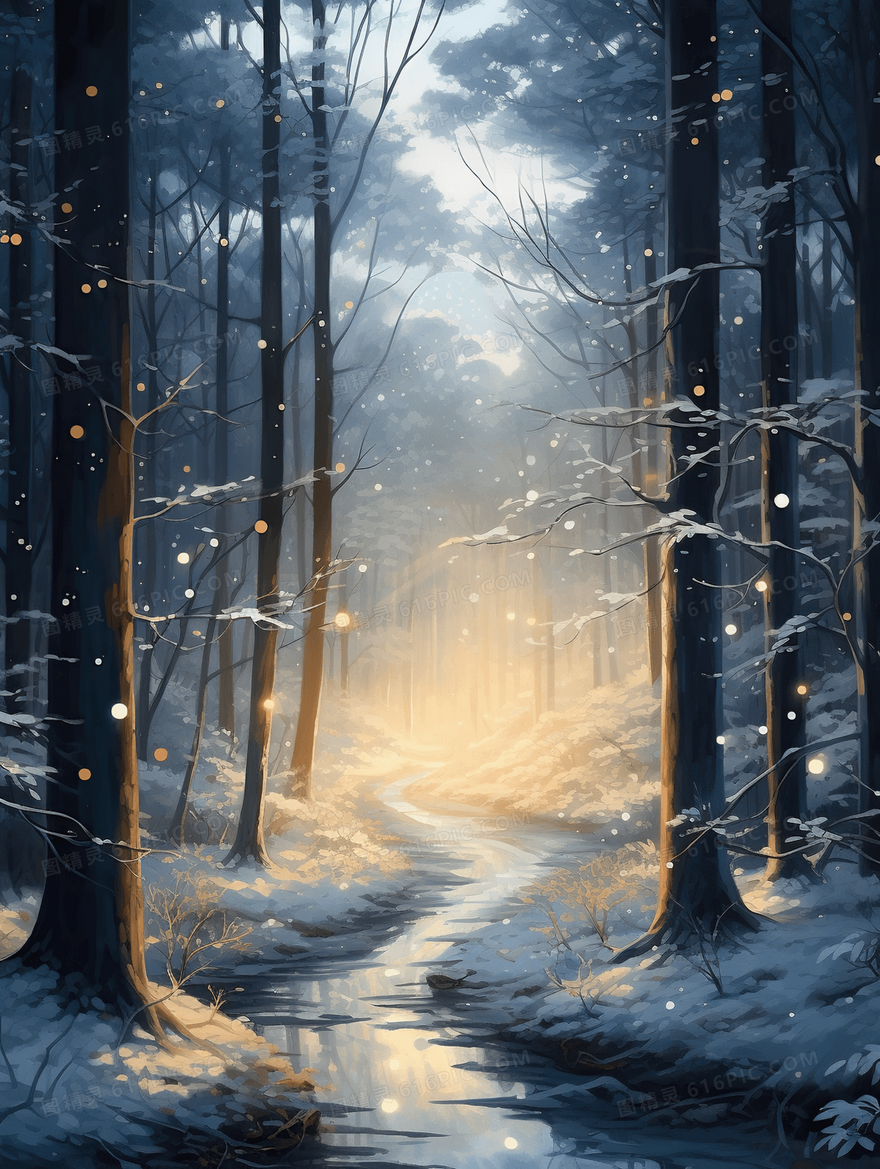 冬季雪景森林风景唯美插画