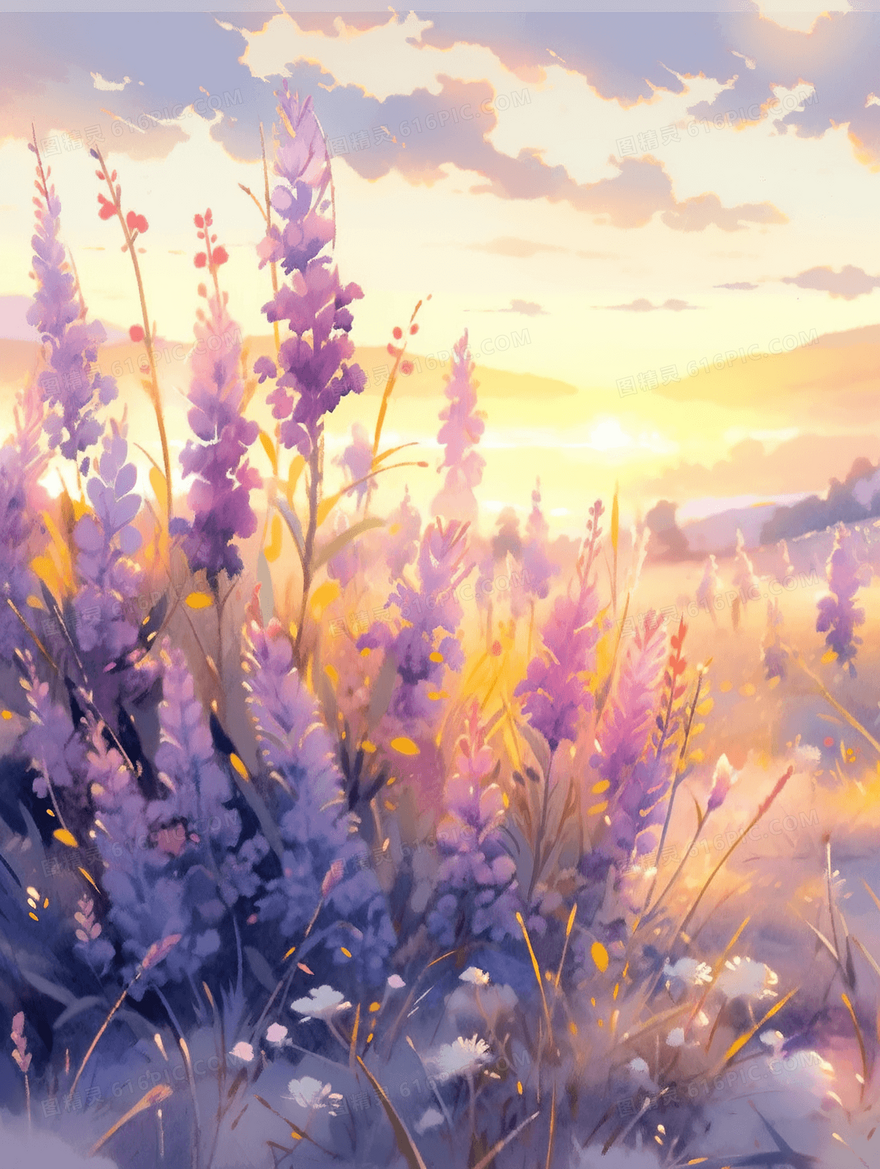 薰衣草花海风景草丛插画