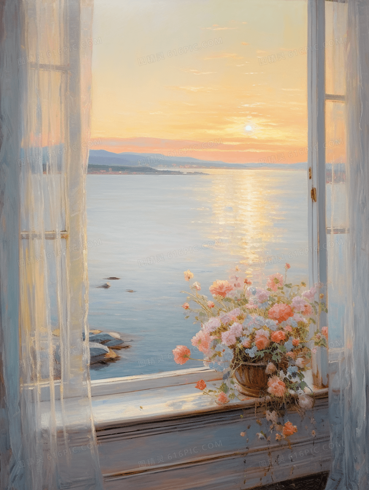 油画质感窗边风景花卉静物插画