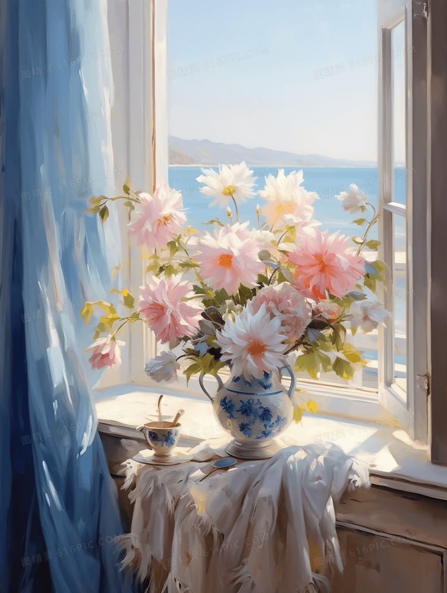 蓝色系窗边花瓶花朵花卉油画静物插画