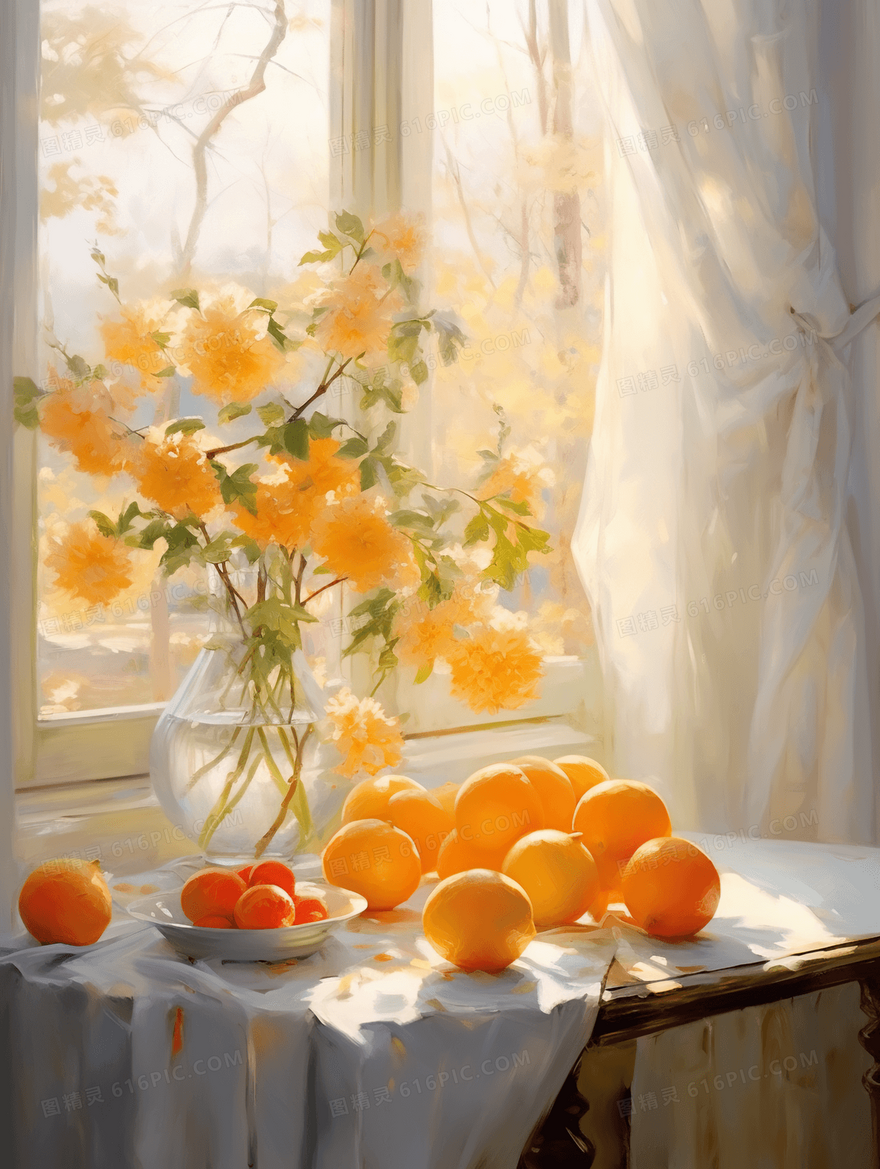 油画质感窗边风景水果橘子静物插画