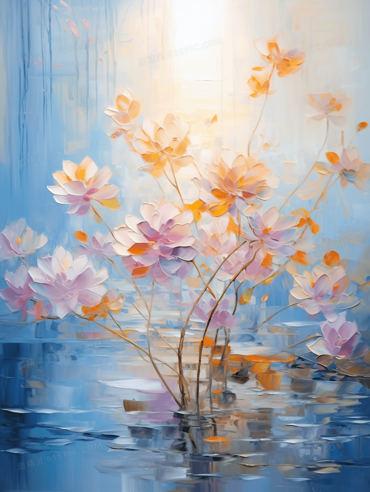 油画质感水池水塘风景花卉静物插画背景图片下载_1856x2464像素JPG格式_