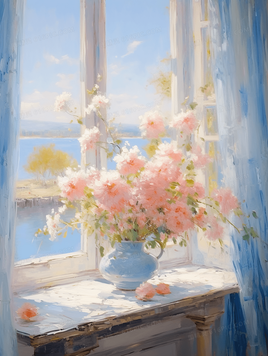 蓝色系窗边花瓶花朵花卉油画静物插画