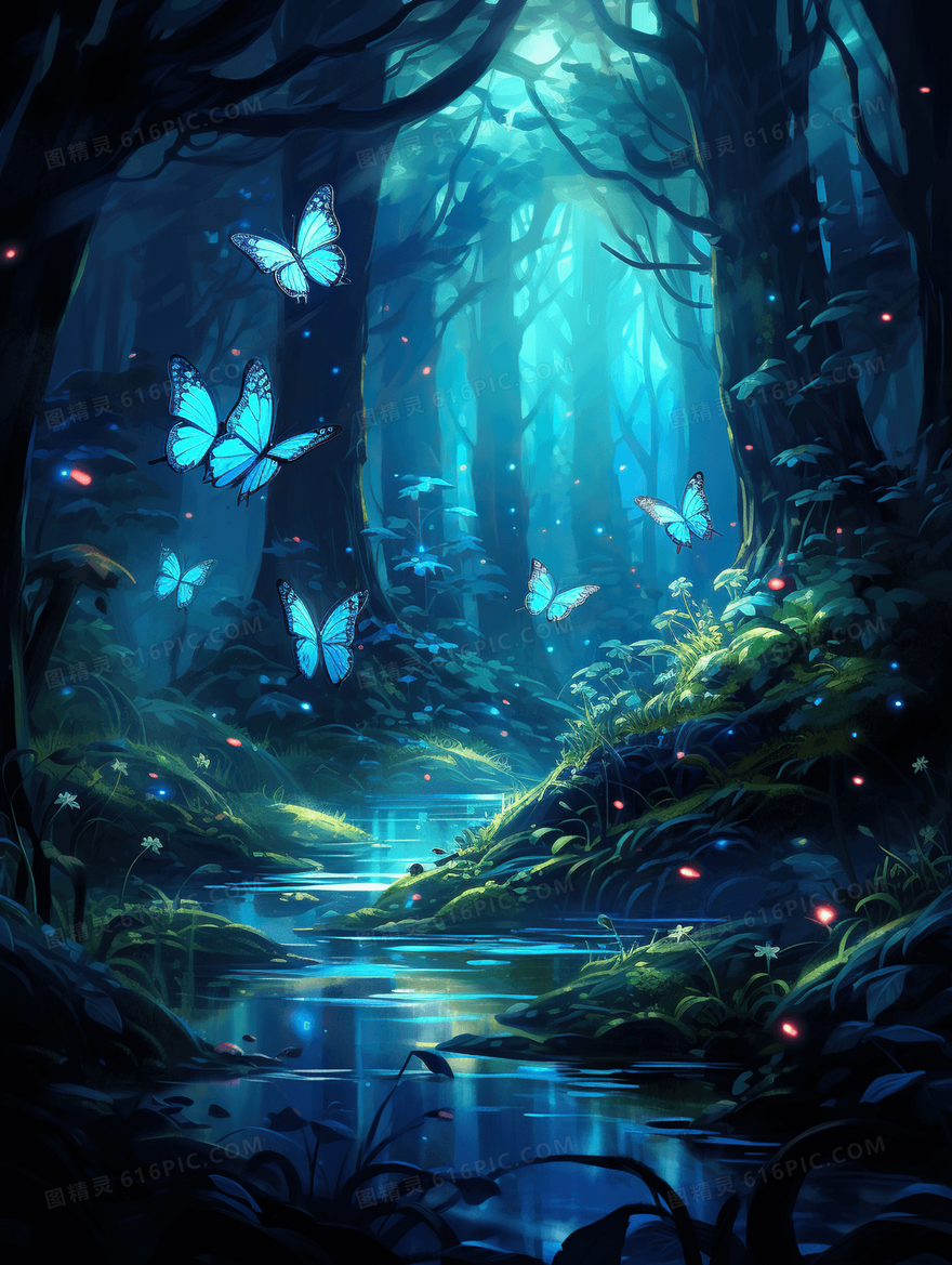 蓝色星空森林夜景风景唯美插画