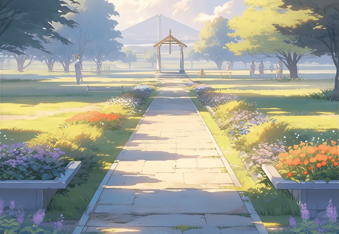 唯美梦幻黄昏夕阳薰衣草庄园花海风景插画