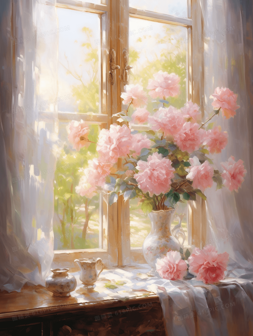 粉色系窗边花瓶花朵花卉油画静物插画