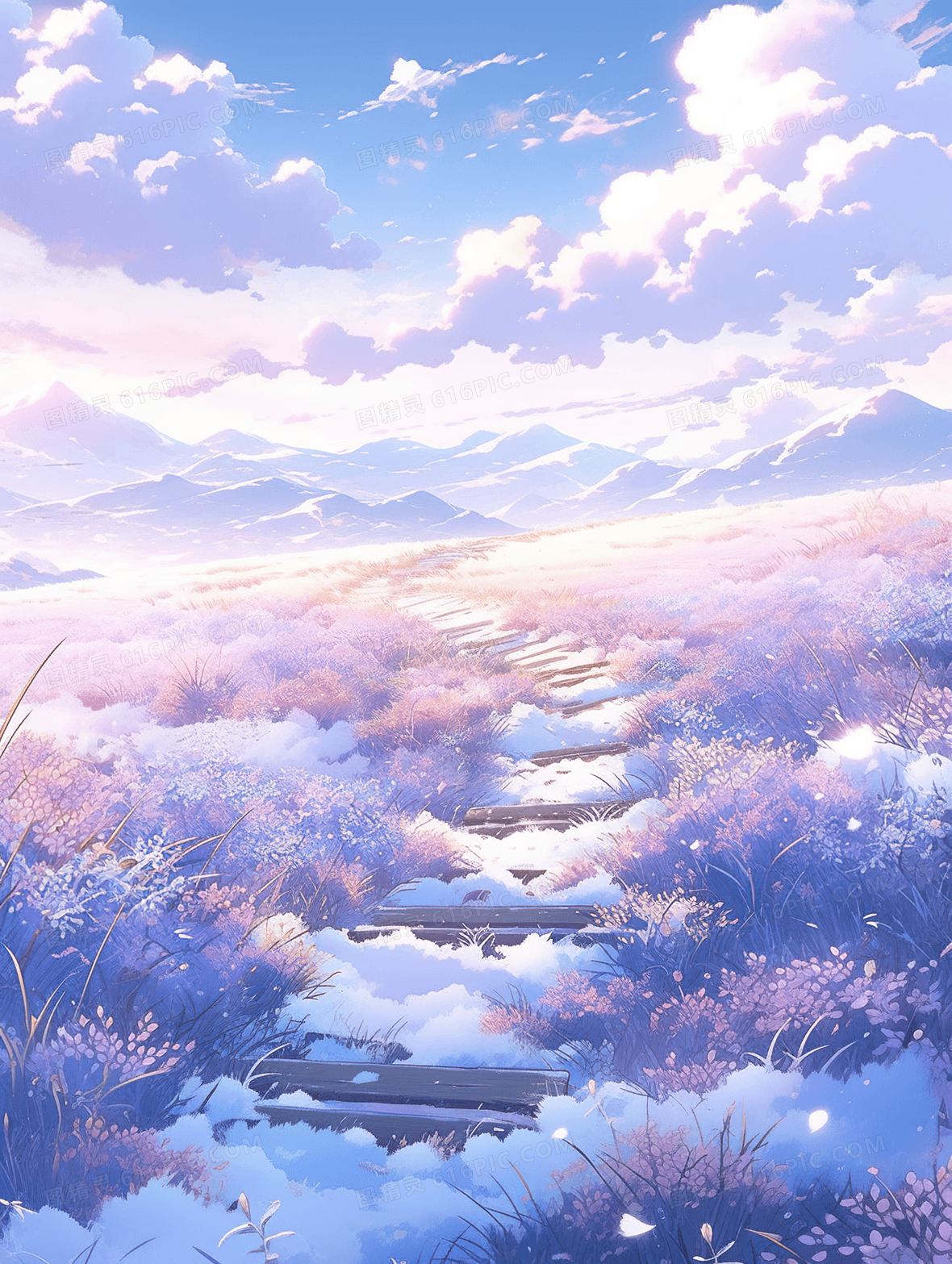 唯美梦幻天空薰衣草花海风景插画