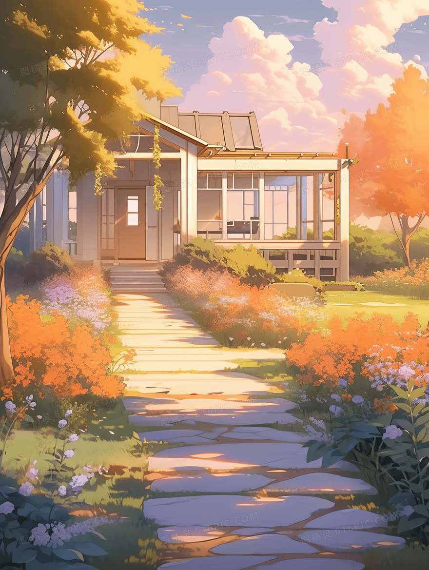 唯美梦幻黄昏夕阳薰衣草庄园花海风景插画