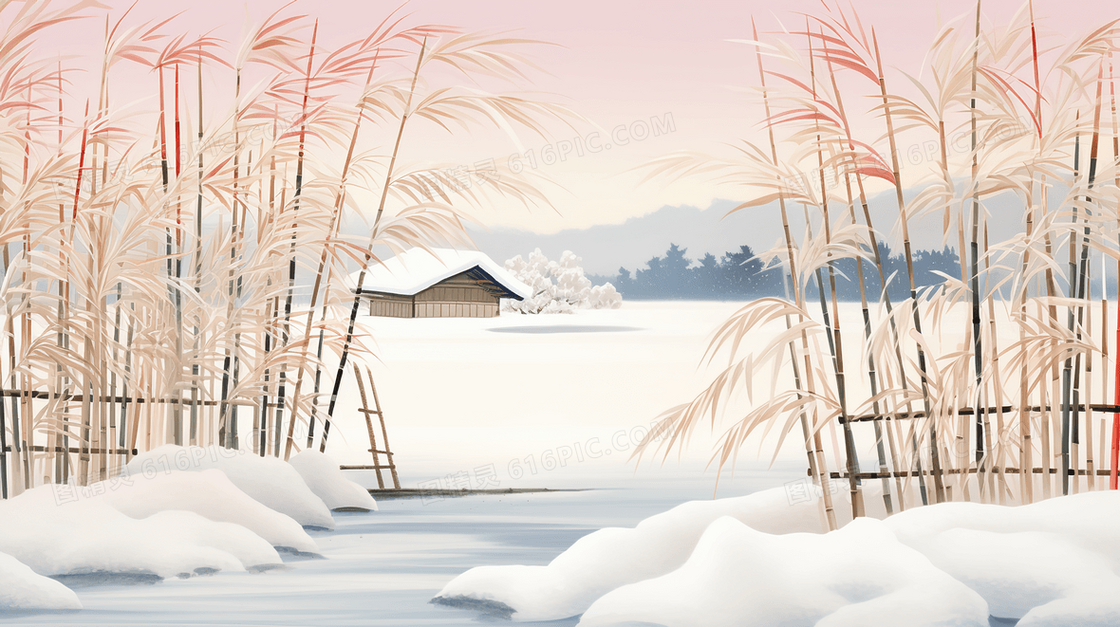 冬季芦苇雪景插画