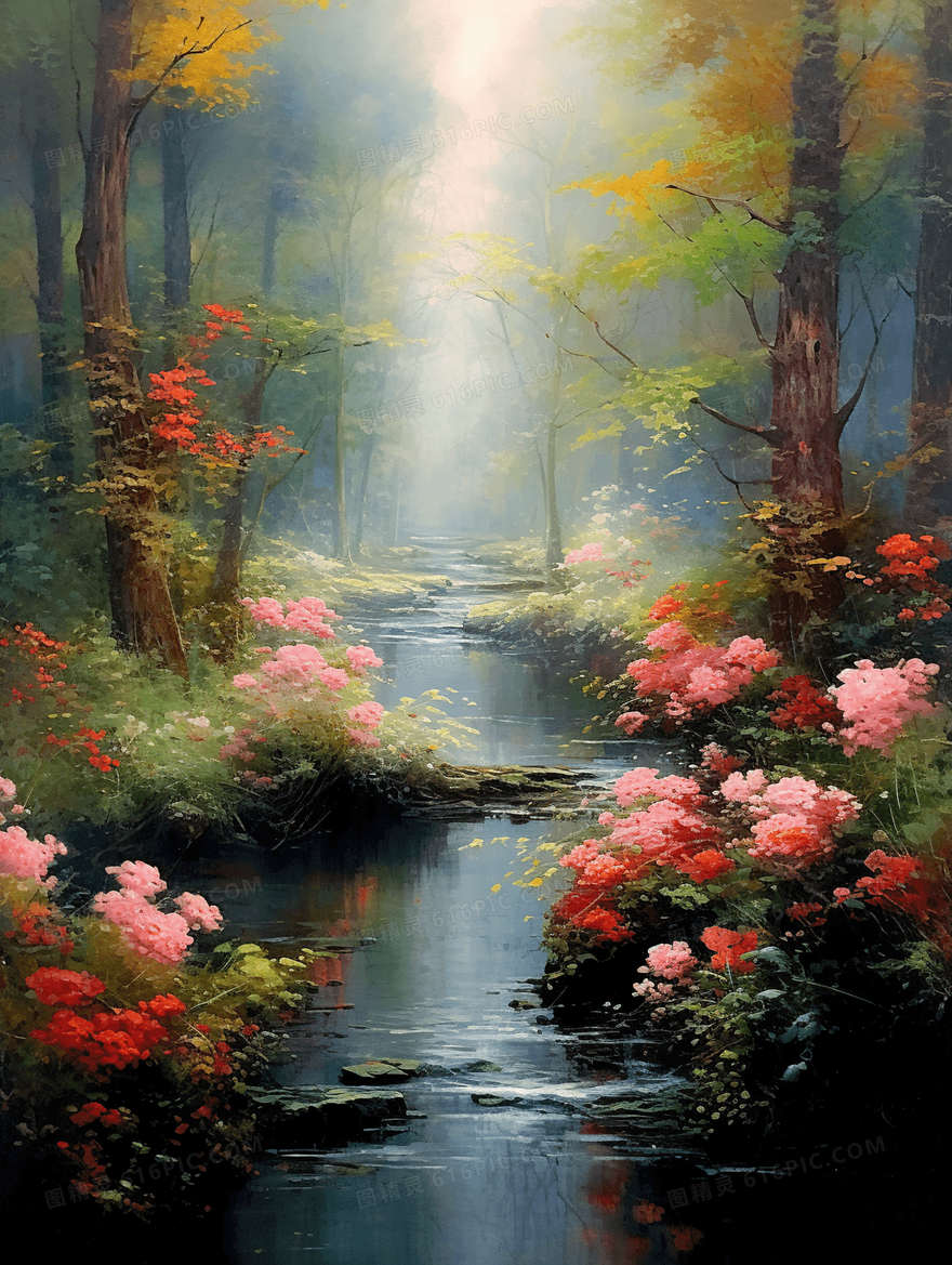 油画质感水池水塘风景花卉静物插画