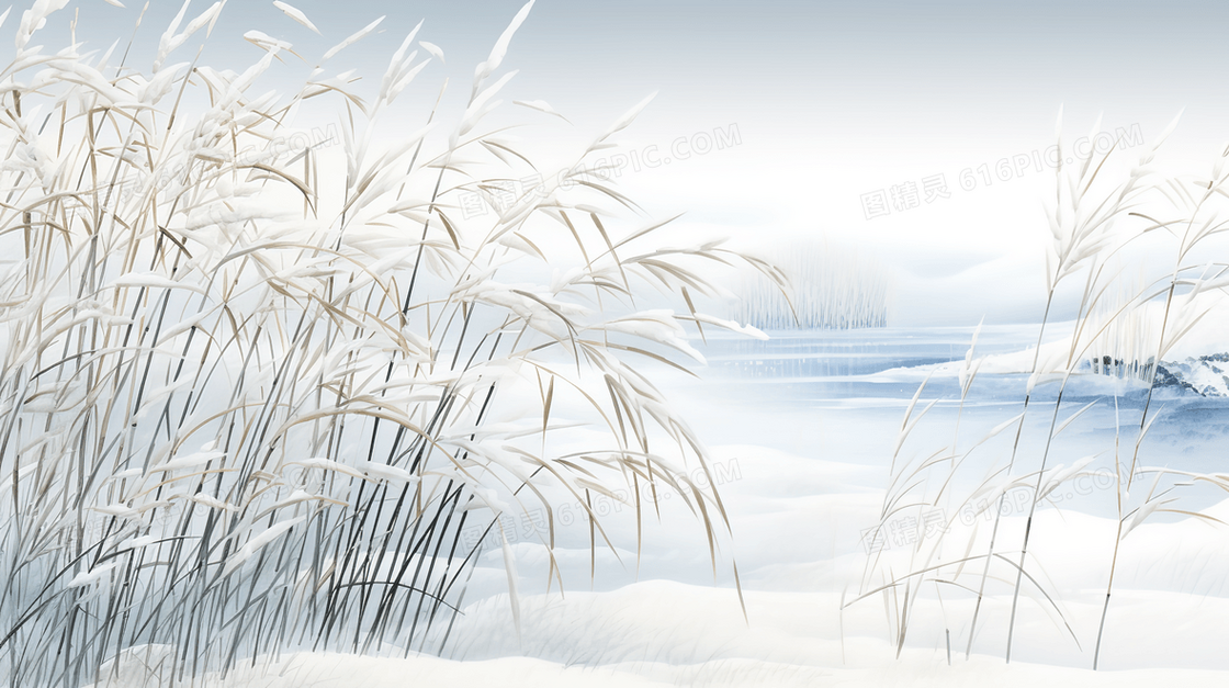 冬季芦苇雪景插画