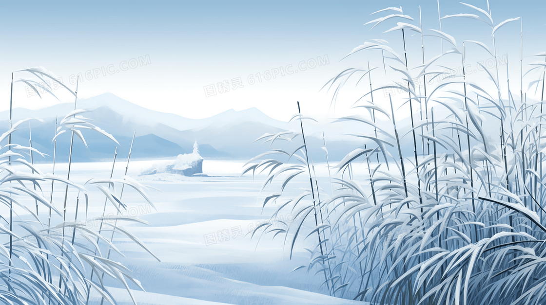 冬季芦苇雪景插画