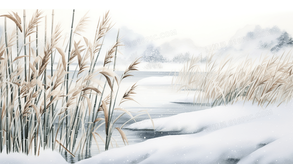 冬季芦苇雪景插画