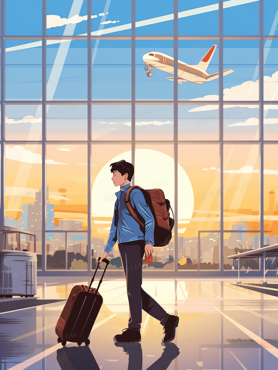 2024龙年春运回家过年候车厅场景插画