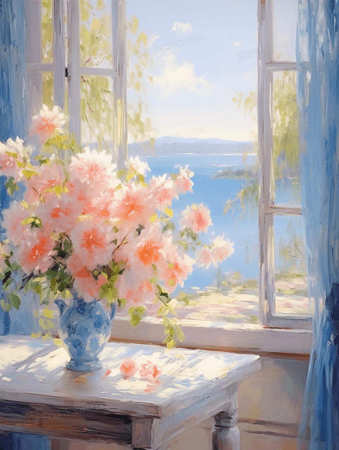 蓝色系窗边花瓶花朵花卉油画静物插画