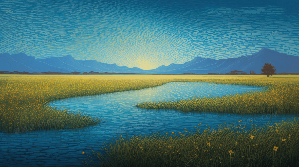 下雨天湖面竹子风景插画背景图片下载_2912x1632像素jpg格式_编号14yf