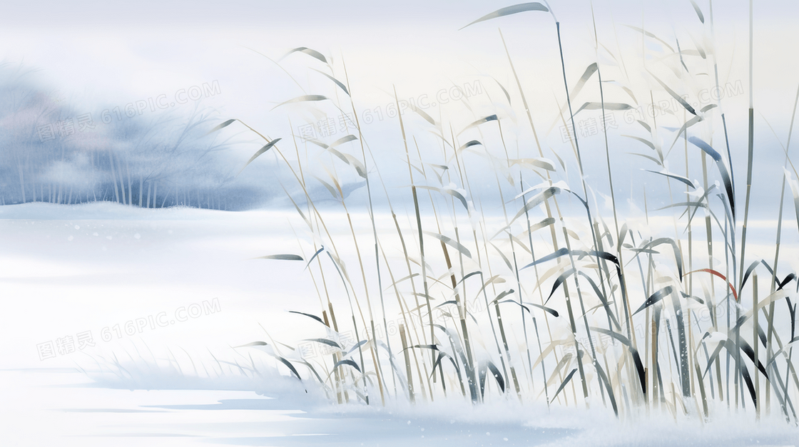 冬季芦苇雪景插画
