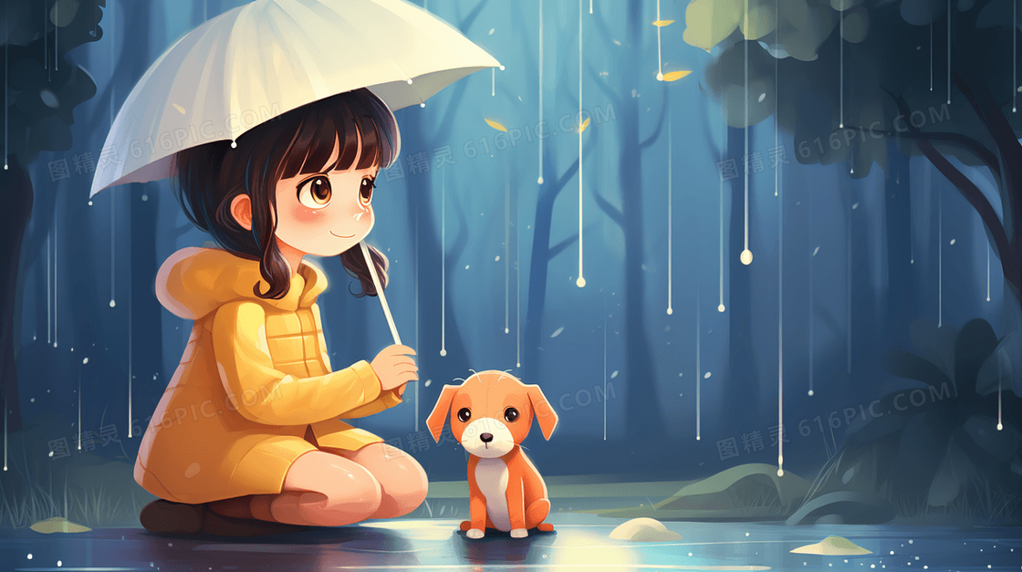 在春雨中撑着伞的小女孩插画