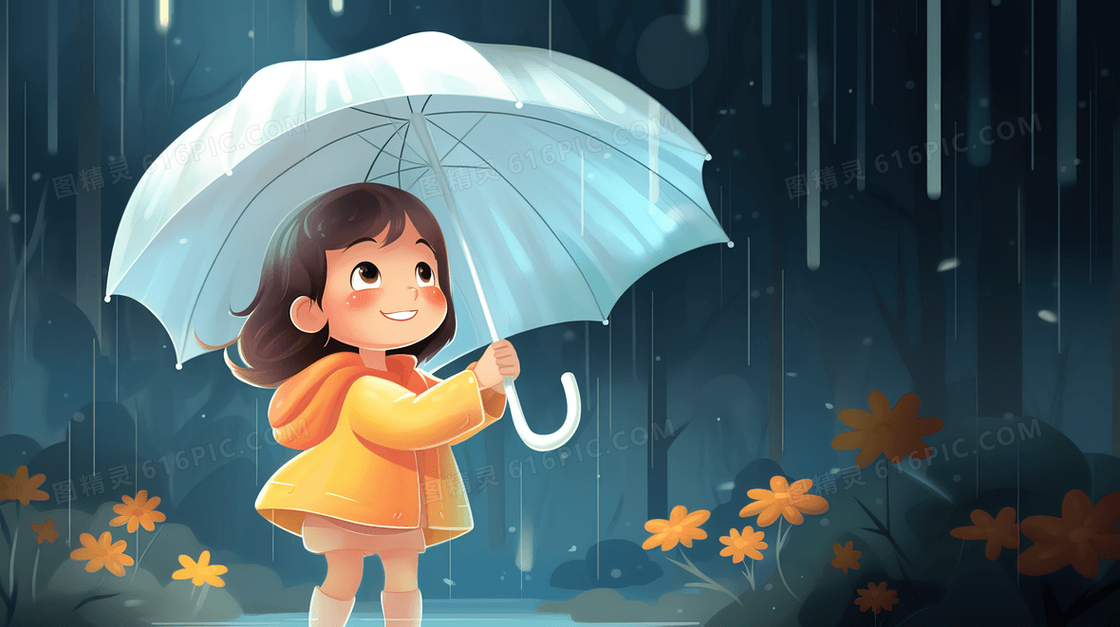 在春雨中撑着伞的小女孩插画