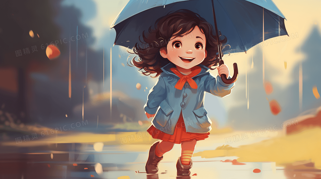 夜晚雨中撑着伞的小女孩插画