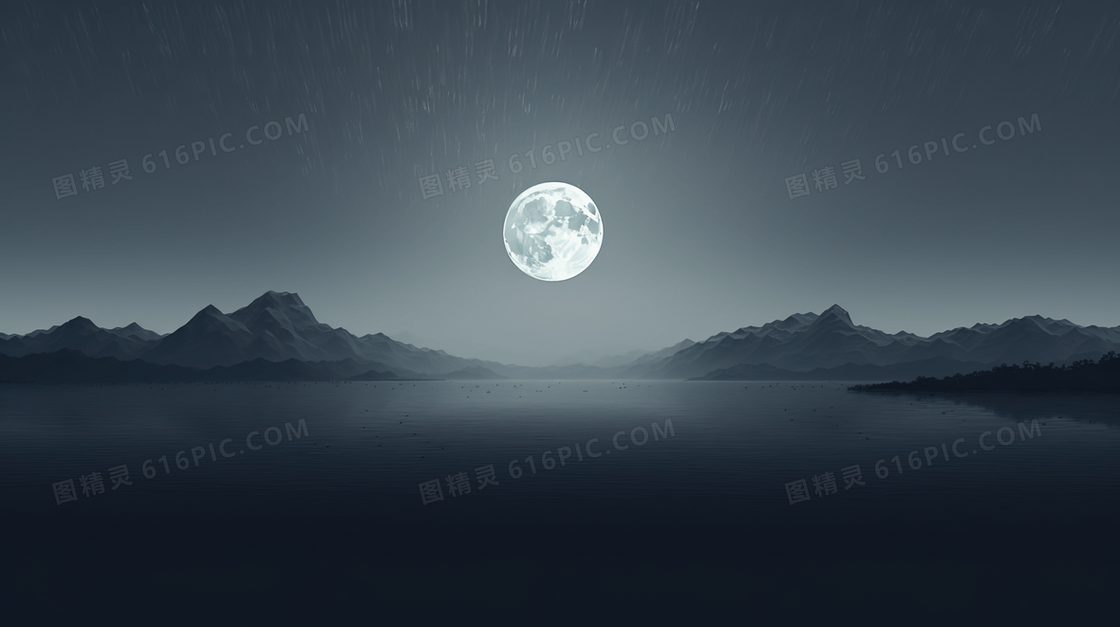 夜晚皎洁的明月下的山地风景插画