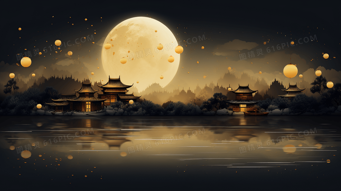 中国风夜晚圆月下的山水建筑风景插画