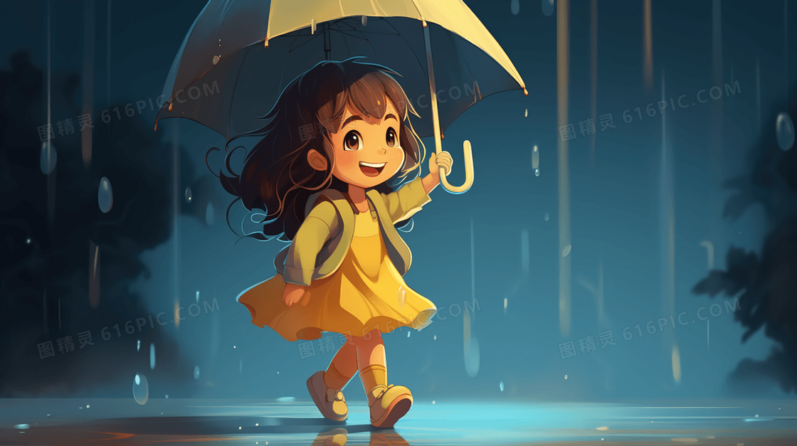 夜晚雨中撑着伞的小女孩插画