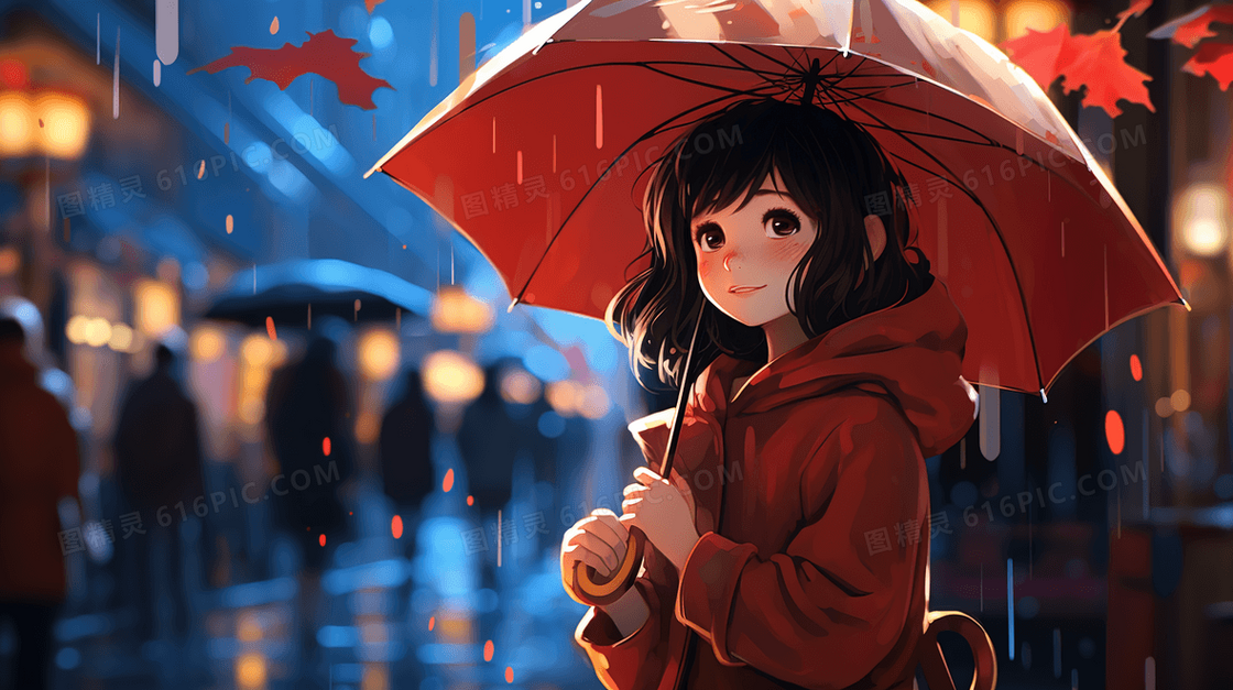 雨中街道上撑着雨伞的可爱女孩插画