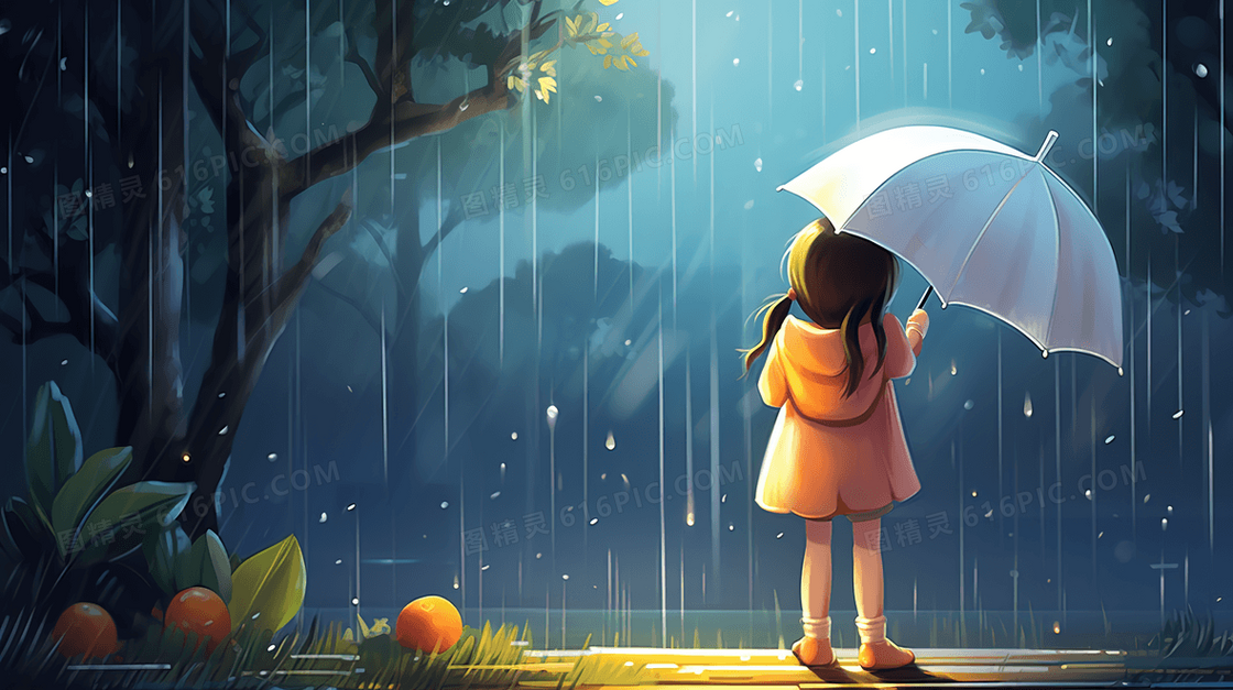 在春雨中撑着伞的小女孩插画