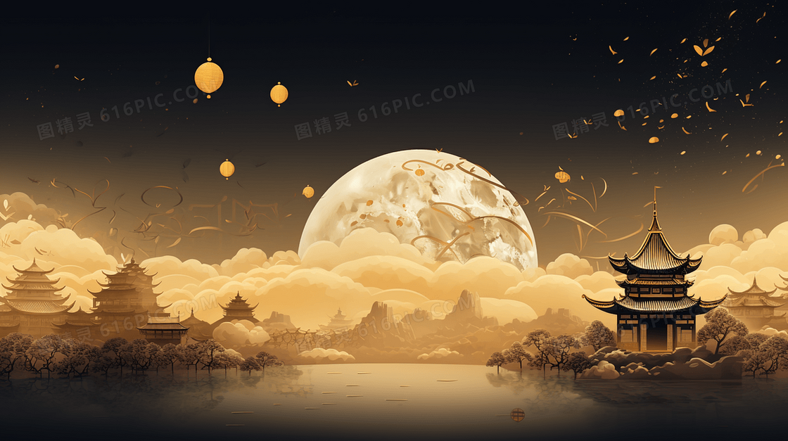 中国风夜晚圆月下的山水建筑风景插画
