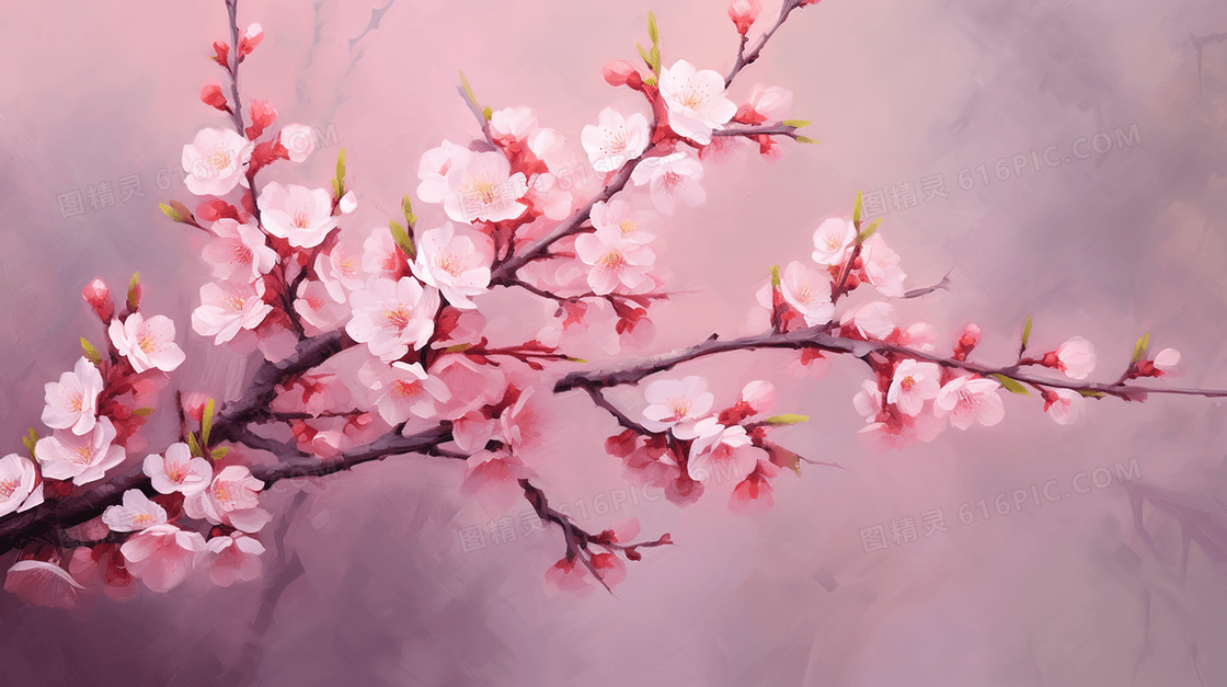 春季粉色桃花油画质感插画